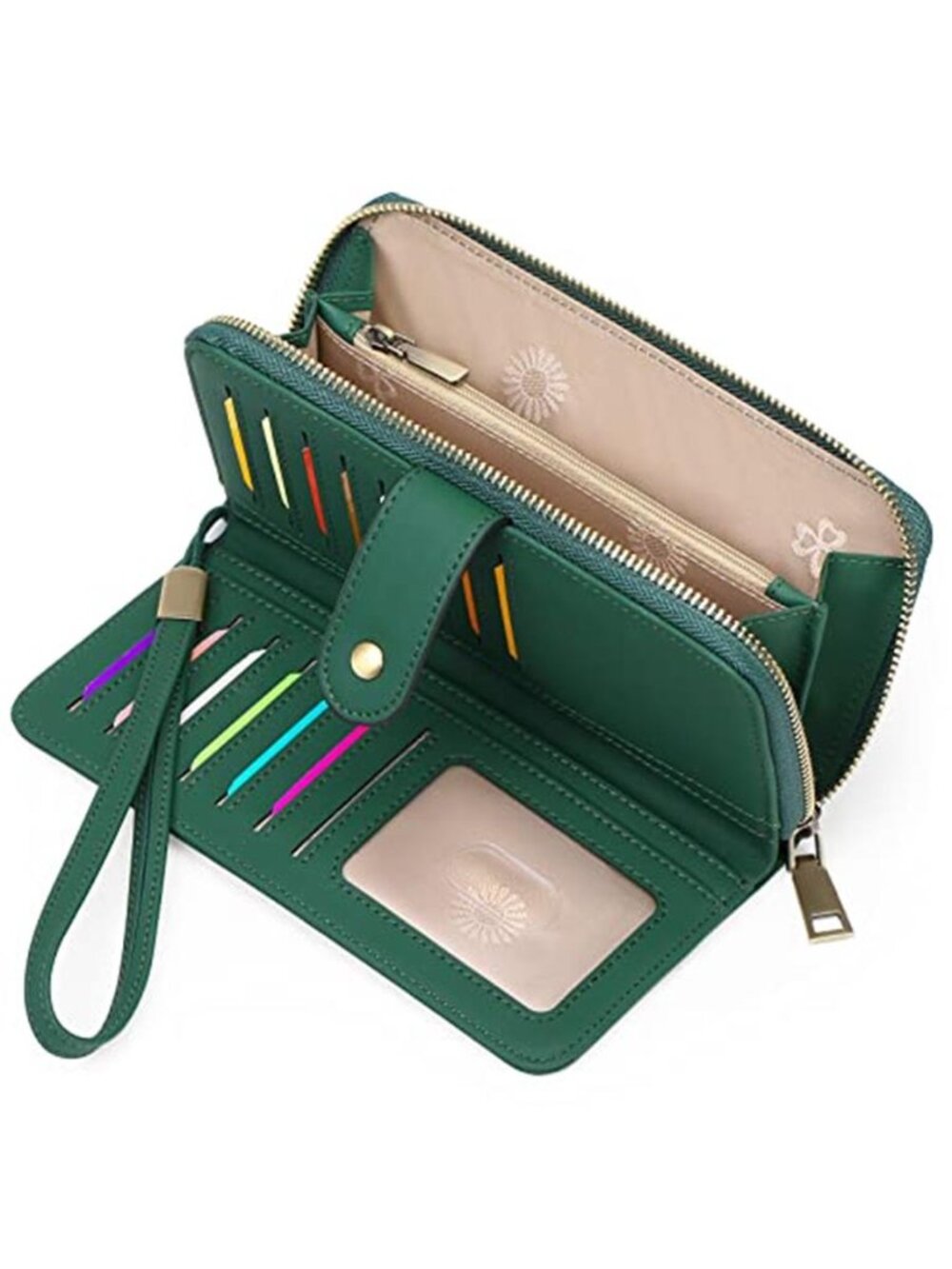 Dark Green Vegan Leather Wristlet Wallet Clutch RFID 24 Card Slots Large